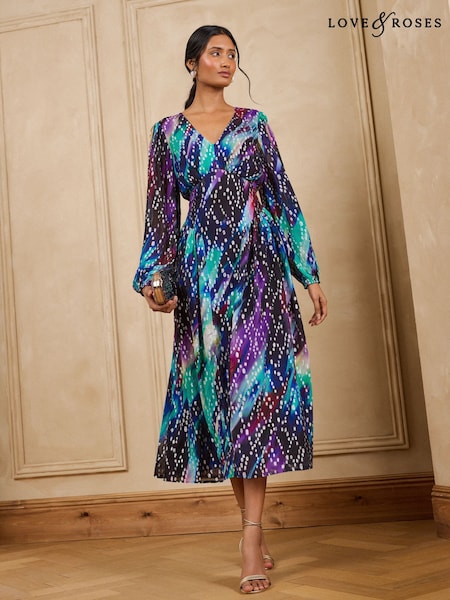 Blue - Love & Roses Blurred Metallic Drop Waist Midi Dress