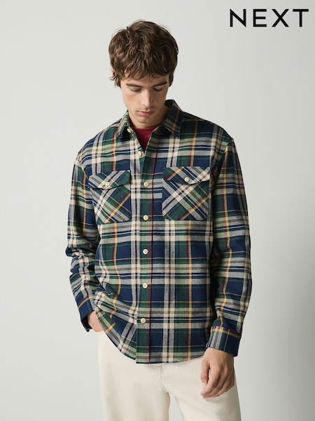 Navy - Regular Long Sleeve Check Overshirt