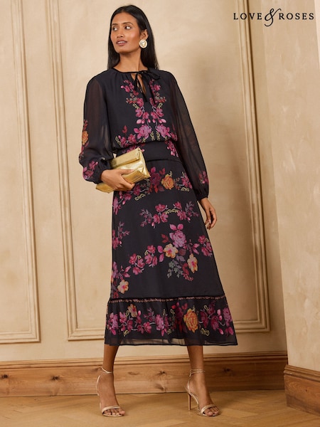 Pink - Love & Roses Floral Placement Print Tiered Midi Dress