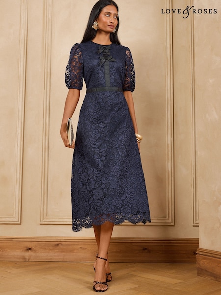 Navy - Love & Roses Lace Bow Front Midi Dress