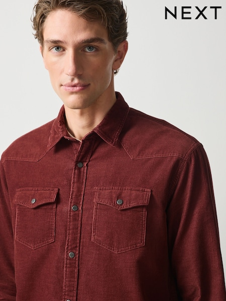 Rust Brown - Regular Cord Western Styling Long Sleeve Shirt