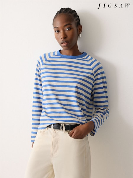 Jigsaw Blue Cotton Slub Stripe Raglan T-Shirt (H06181) | $162