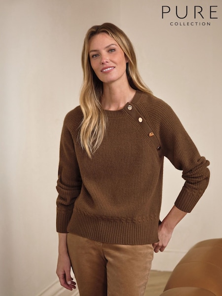 Pure Collection Wool Cashmere Blend Button Raglan Brown Jumper (H06182) | $361