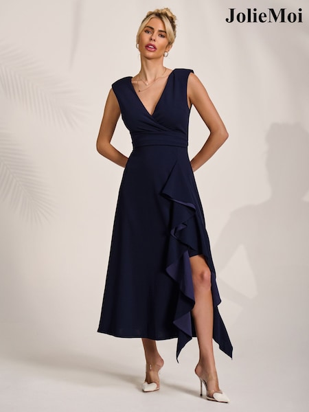 Jolie Moi Blue Frill Detail Wrap Sleeveless Midaxi Dress (H06185) | SGD 116