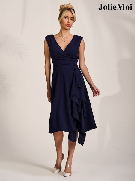 Jolie Moi Blue Ruffle Detail Wrap Sleeveless Midi Dress (H06188) | ₪302