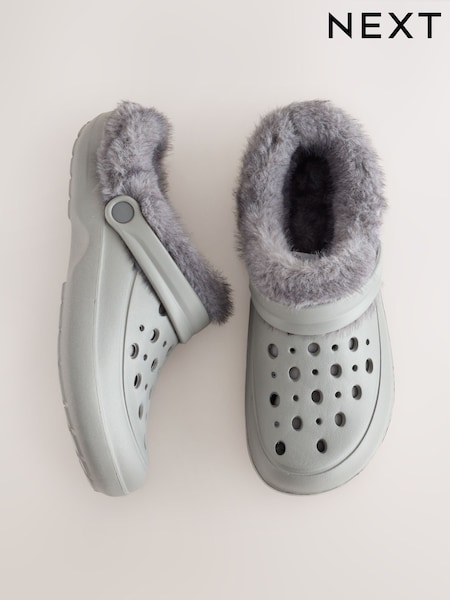 Grey - Clog Faux Fur Lined Slippers With Back Strap