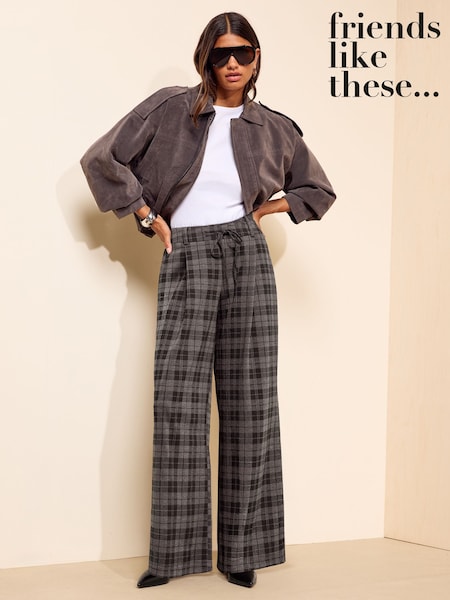 Grey - Friends Like These Check Elasticated Waist Wide Leg Trousers