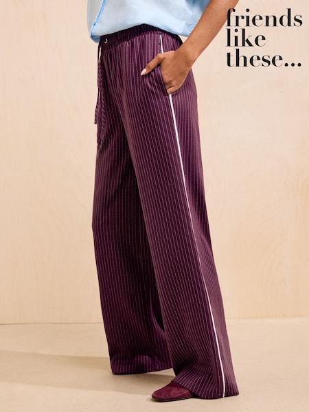 Burgundy Red - Friends Like These Pinstripe Elasticated Waist Wide Leg Trousers