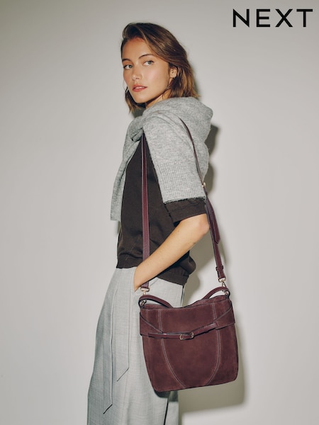 Burgundy Red - Suede Belted Messenger Hand Held Bag