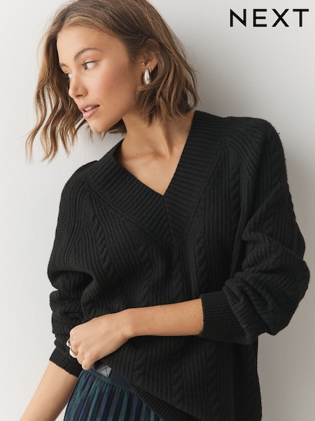Black - Supersoft Cable Knit V-neck Mid Length Jumper