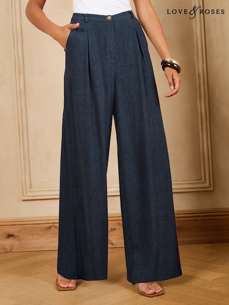 Navy - Love & Roses Viscose / Linen Blend Wide Leg Trousers