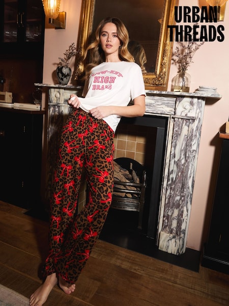 Urban Threads Urban Threads High Drama Leopard Print Long Brown Pyjamas Set (H09223) | 4,900 RSD