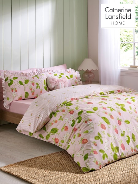 Catherine Lansfield Pink Strawberry Frills Gingham Duvet Cover Set (H09317) | AED105 - AED204