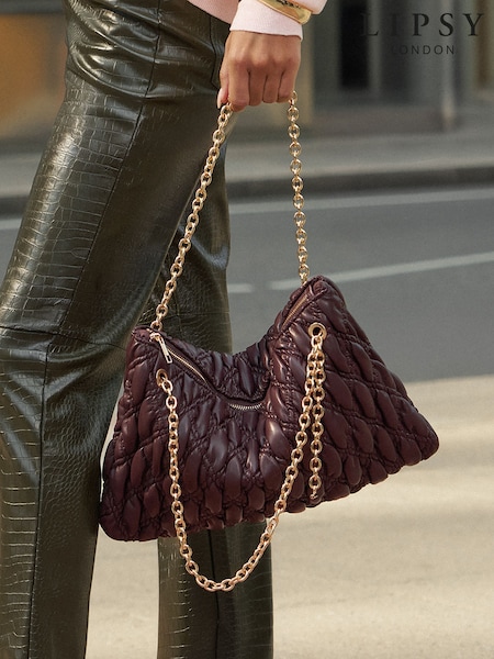 Burgundy Red - Lipsy Padded Chain Slouchy Shoulder Bag