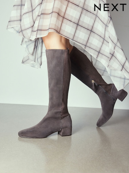 رمادي - Forever Comfort® Chisel Toe Knee High Leather Sock Boots
