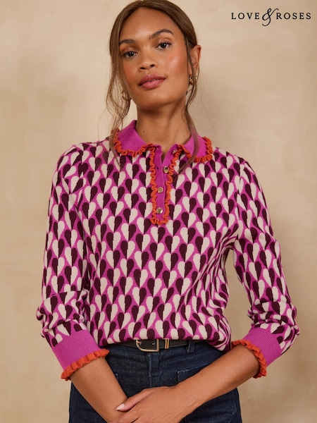 Morado con corazón - Top de punto con cuello de volantes de Love & Roses