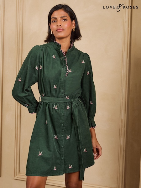 Forest Green Duck - Love & Roses Emrboidered Cord Frill Collar Mini Dress