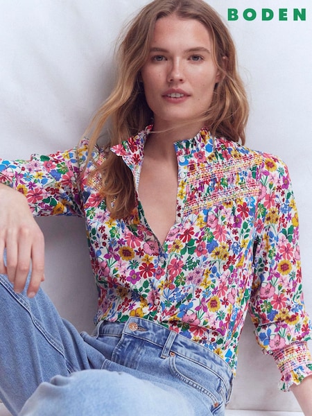 Boden Pink Esme Smocked Detail Frill Top (H10293) | €113