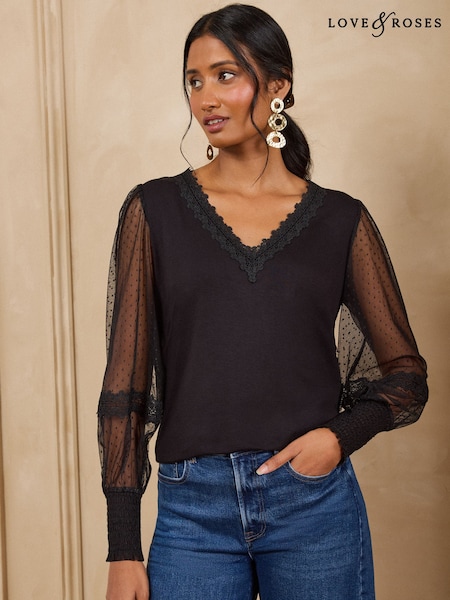 ブラック - Love & Roses Spot Mesh Long Sleeve V-neck Top