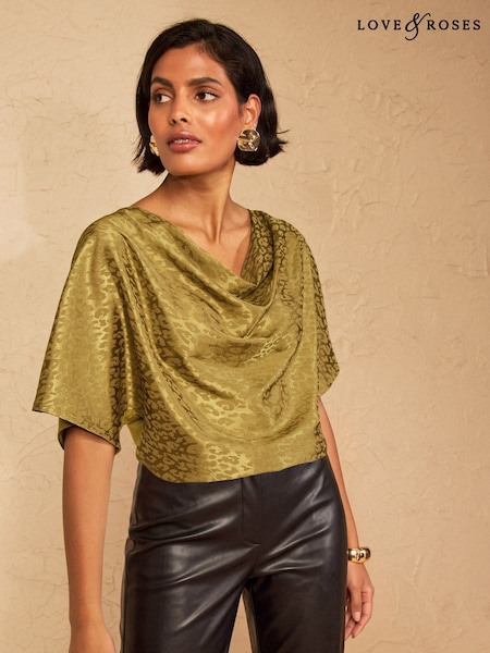 Khaki Green Printed - Love & Roses Cowl Neck Satin Front Jersey Back Top