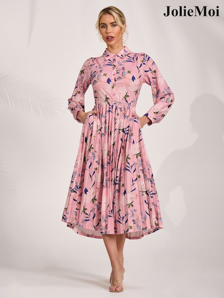 Jolie Moi Pink Pleated Button Front Midi Dress (H10419) | $149