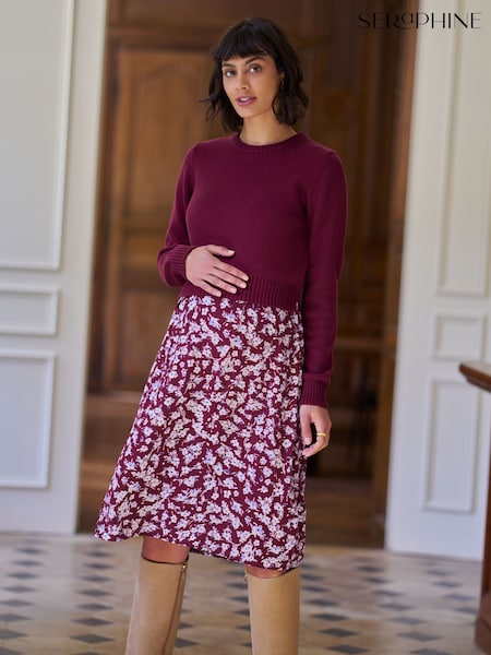 Burgundy Red Print - Seraphine Premium Crew Neck Maternity Nursing Jumper & Dress Set