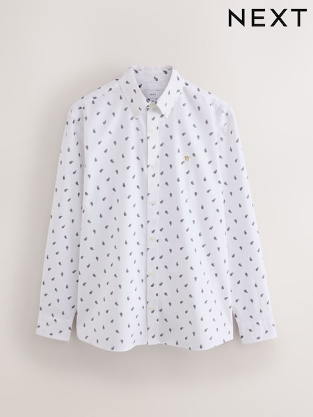White - Regular Print Stretch Oxford Slim Fit Long Sleeve Shirt