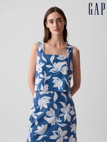 Gap Blue Floral Linen Blend Button Back Cropped Vest Top (H10572) | €15