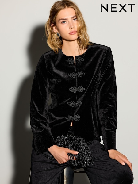 Черный - Velvet Knot Fastening Collarless Jacket
