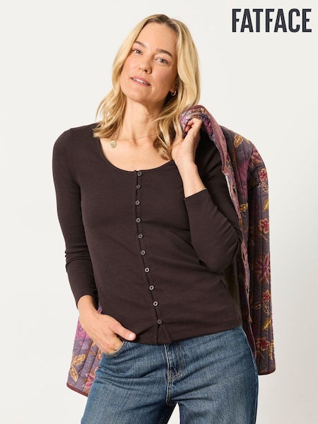 Chocolate Brown - Fatface Button Ribbed Long Sleeve Top