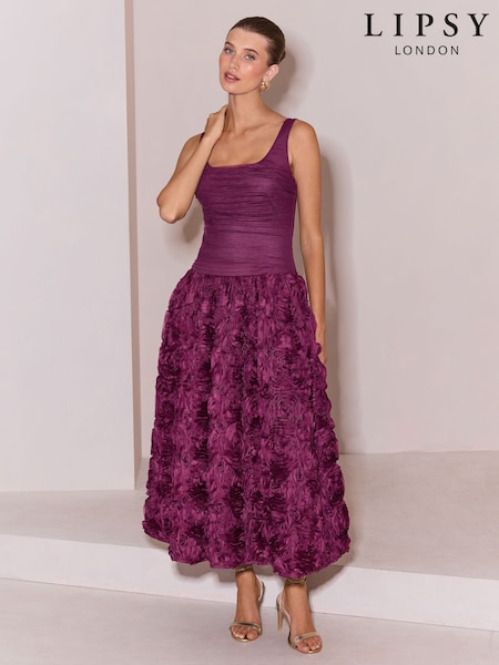 Berry - Premium Square Neck 3d Rose Skirt Prom Midi Dress