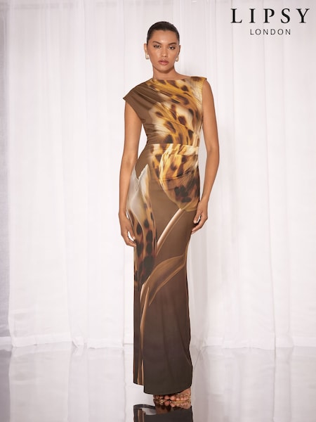 Brown - Lipsy Animal Print Aysmmetric Neckline One Shoulder Bodycon Maxi Dress