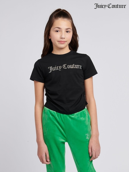 Juicy Couture Black Girls Diamante Ringer 100% Cotton T-Shirt (H11036) | LEI 223