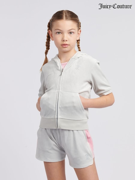 Juicy Couture Grey Girls Diamante Zip Thru Short-Sleeve Hoodie (H11046) | €99