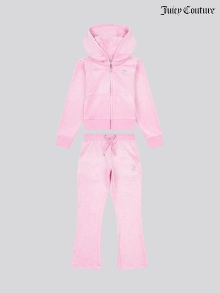Juicy Couture Pink Girls Diamante Zip-Thru Hoodie & Bootcut Joggers Set (H11134) | ₪503