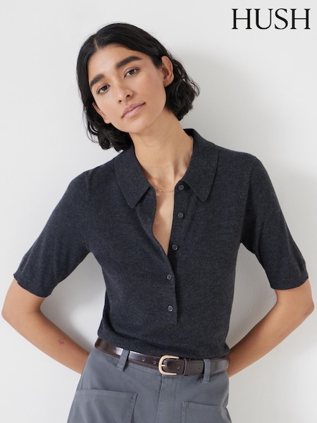 Grau - Hush Fine Knit Short Sleeve Polo Top (H11492) | 107 €