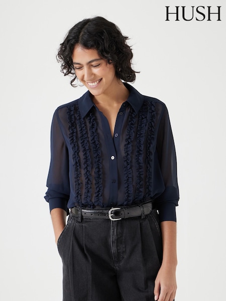 Hush Blue Long Sleeve Ruffle Sheer Shirt (H11516) | ₪453