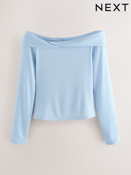 Blue Off-The-Shoulder Twist Long Sleeve Top with TENCEL™ Lyocell (H11677) | €23