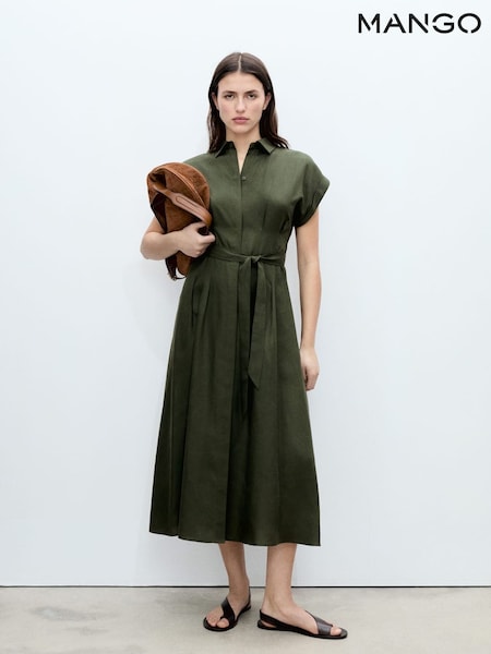 Mango Brown Front Pleat Linen Blend Shirt Dress (H11783) | €79
