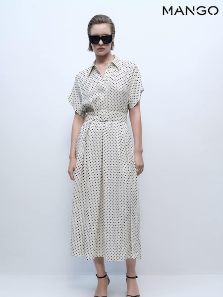 Mango Cream Polka Dot Short Sleeve Shirt Midi Dress (H11793) | €102