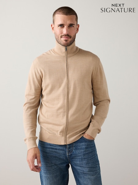 Neutral Regular Fit Signature 100% Merino Wool Light Weight Zip-Through Cardigan (H11859) | 238 QAR