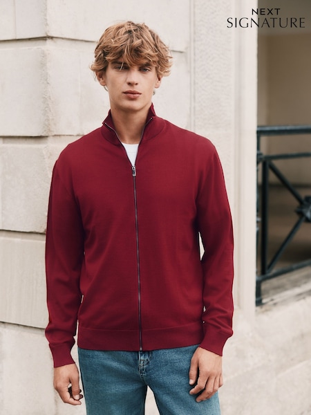 Red Regular Fit Signature 100% Merino Wool Light Weight Zip-Through Cardigan (H11861) | €55