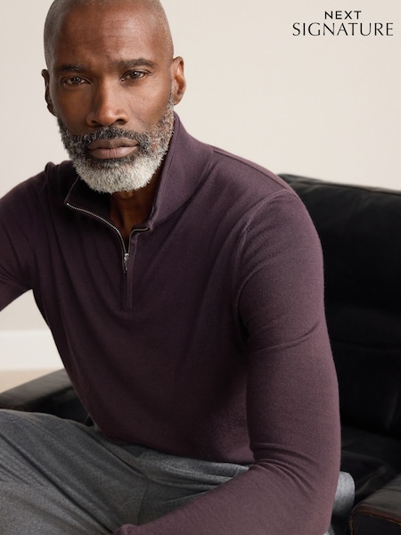Burgundy Red Zip Neck Regular Fit Signature 100% Merino Wool Light Weight Jumper (H11868) | 208 QAR