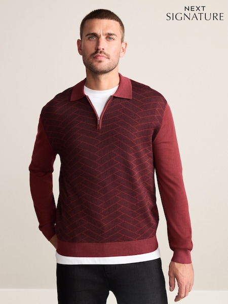 Rust Red Chevron Regular Fit Signature 100% Merino Wool Quarter Zip Long Sleeve Polo Shirt (H11872) | 257 QAR