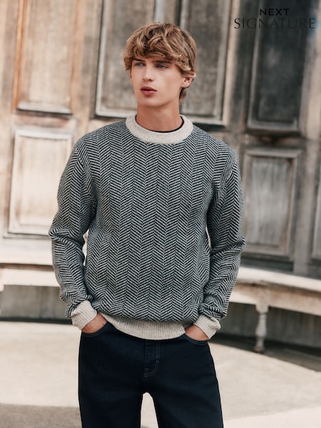 Mono Herringbone Regular Fit 100% Merino Wool Signature Pattern Mid-Weight Crew Neck Jumper (H11877) | €64