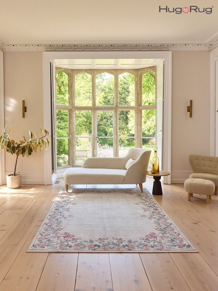 Hug Rug Cream Floral British Made Washable Botantical Border Rug (H11926) | KM 929