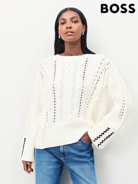 BOSS White Fitto Tassle Chunky Knit Jumper (H12133) | €303