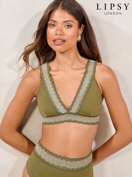 Lipsy Khaki Green Scuba Elastic High Apex Bikini Top (H12180) | €39