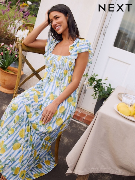Yellow/Blue Ruffle Sleeve Midi Dress (H12192) | OMR17