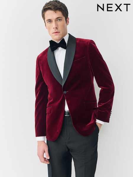 Burgundy Red Slim Fit Signature Pontoglio Italian Velvet Blazer With Shawl Lapel (H12309) | €214